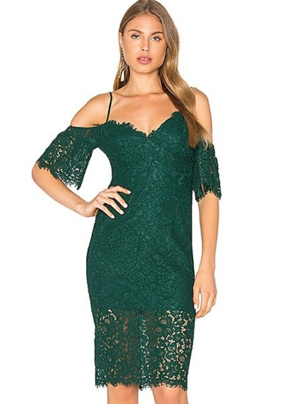 Bardot Karlie Dark Green Lace Cold Shoulder Cocktail Evening Midi Dress Size 10